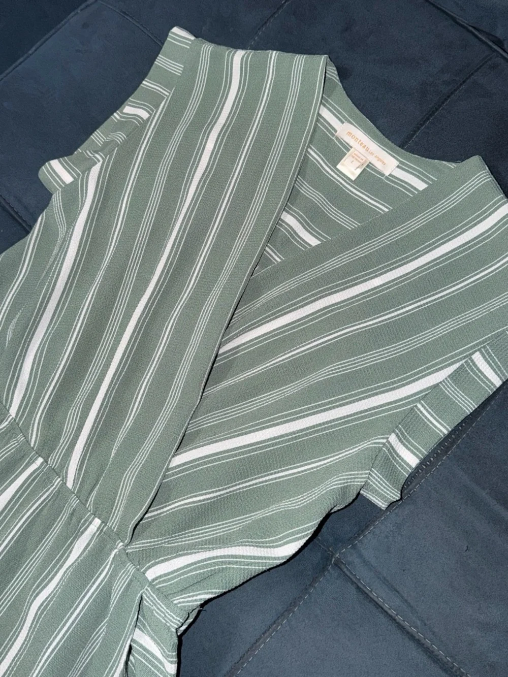 Girls green and white striped jumpsuit with pockets